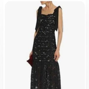 Rebecca Vallance Betty Bow Dress Black Lace Ruched Mermaid MIDI Formal Size 8